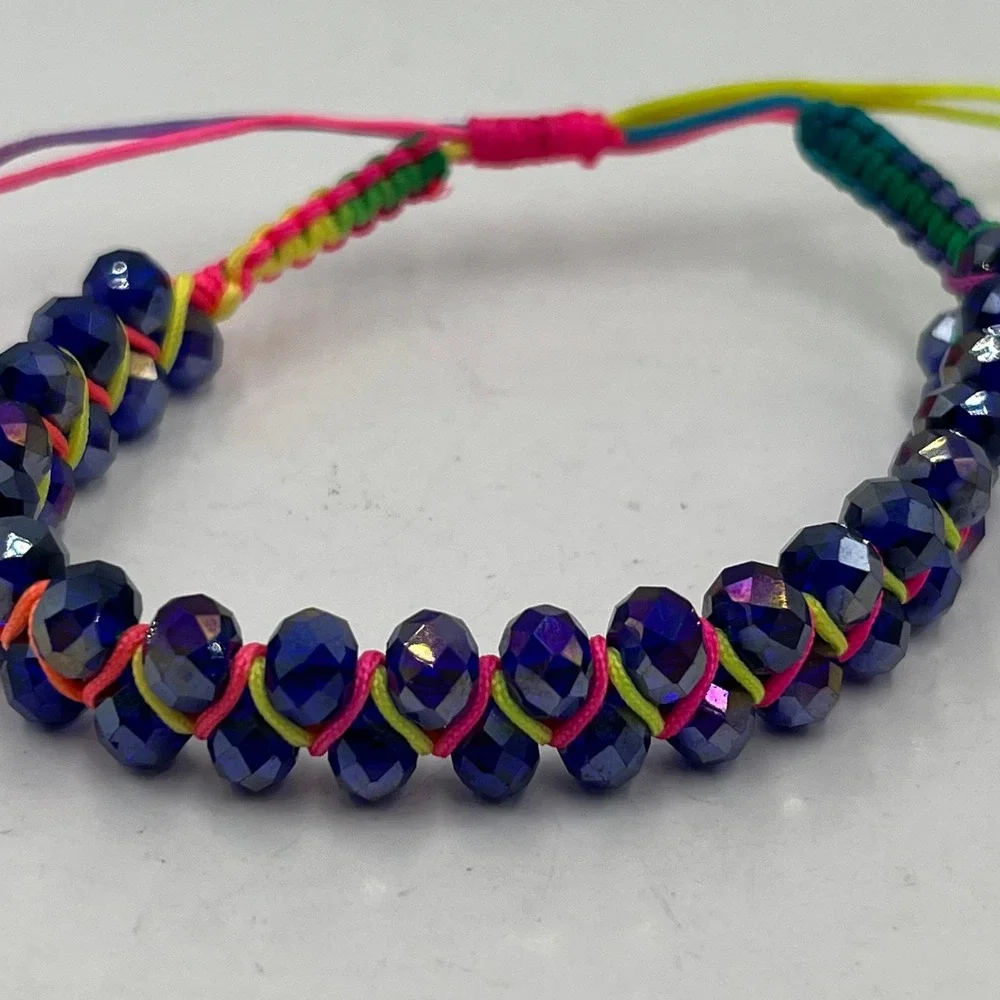 Vintage Boho Dark Blue Crystal Macrame Adjustable Bracelet Neon Pink Yellow Cord - Picture 3 of 7